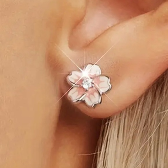 Sterling Silver Pink Flower Earrings - Picture 6 of 6